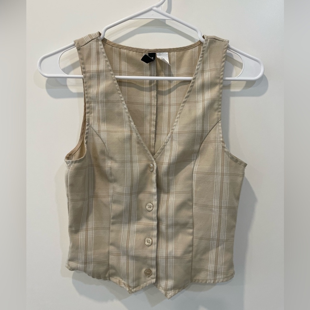 Cream plaid tailored vest/waistcoat